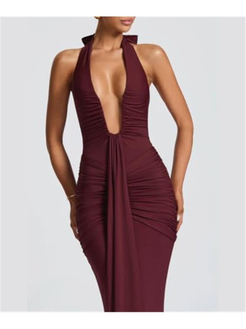 Burgundy Halter Maxi Gown Deep V Neck Ruched Bodycon Evening Formal Dress - Picture 6 of 6